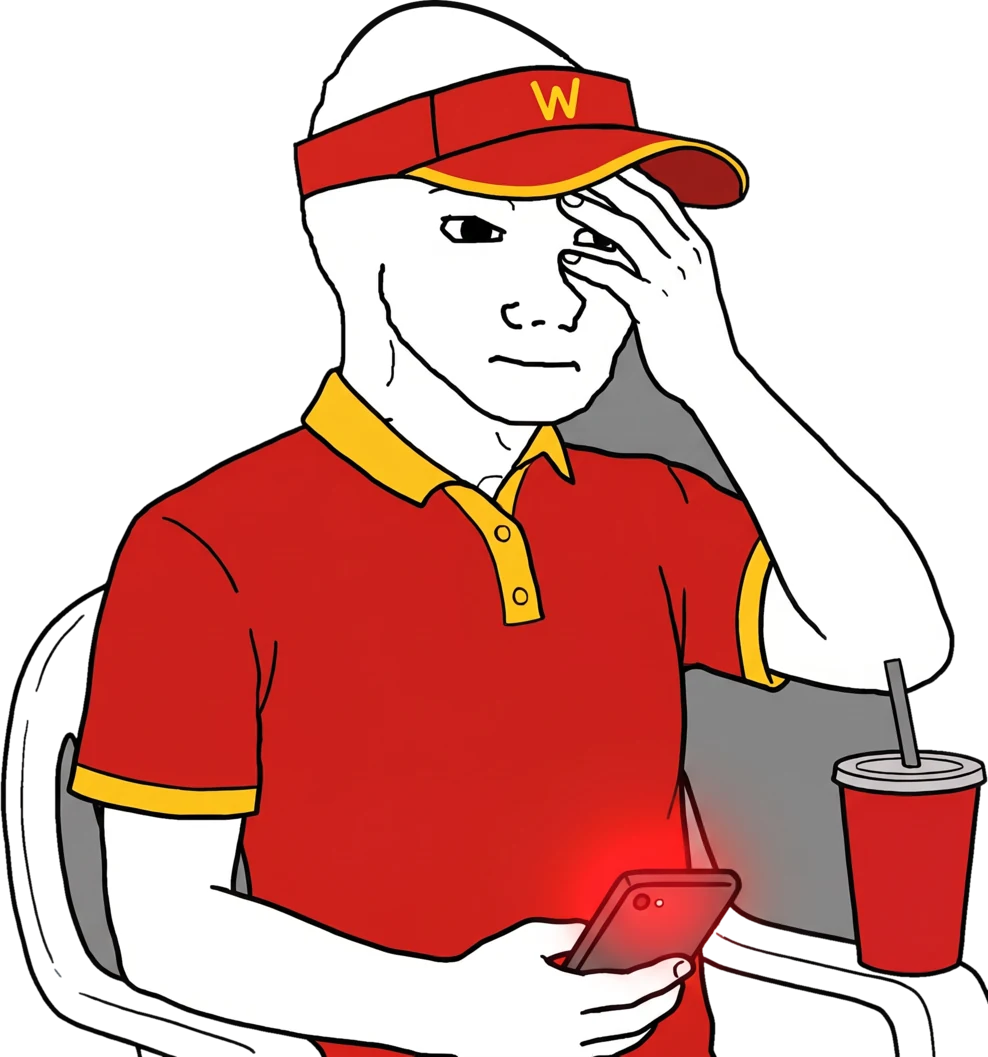 wojak in the break room staring at a red phone