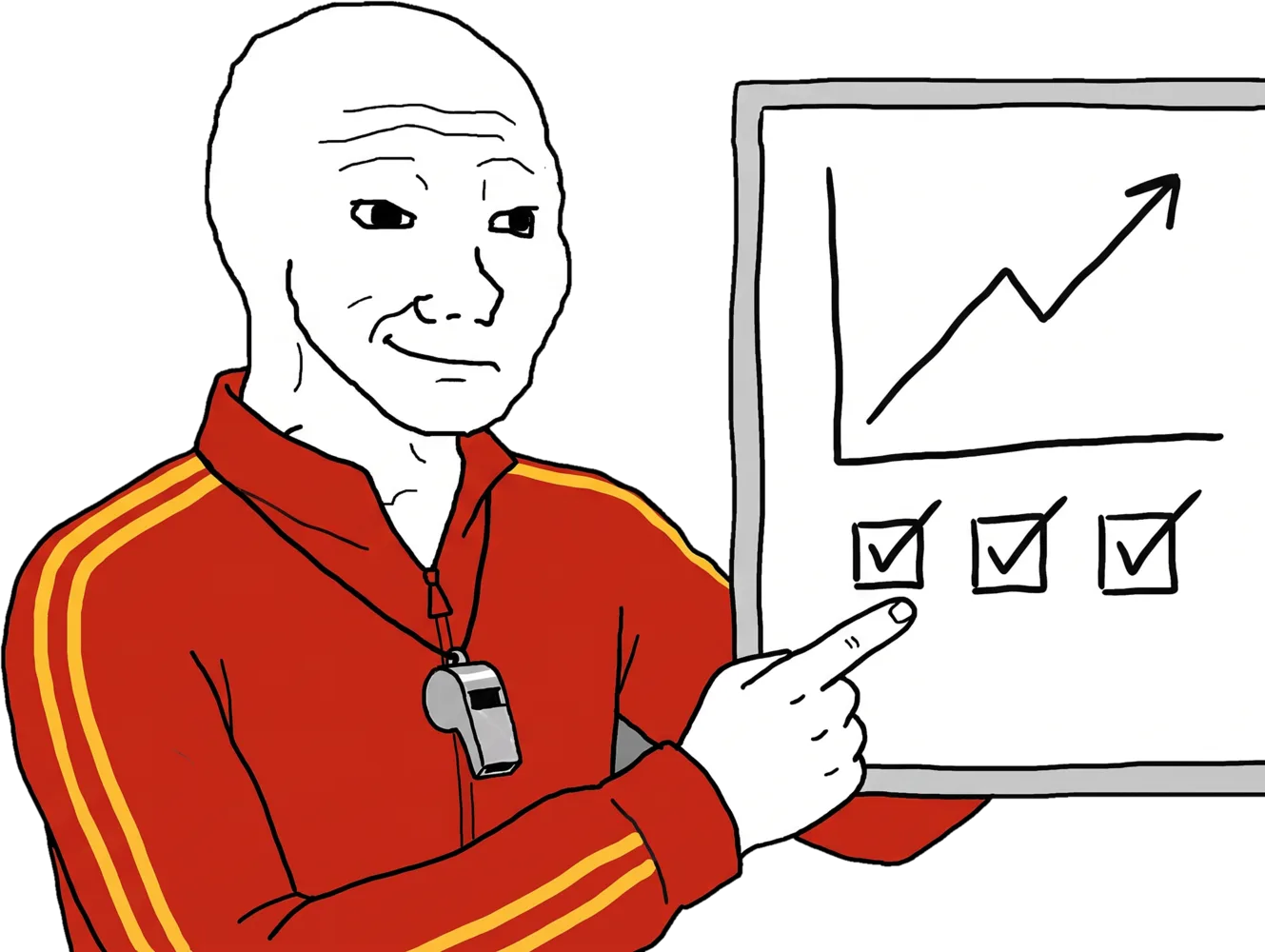 calm wojak coach in a red jacket pointing at a whiteboard with a rising line