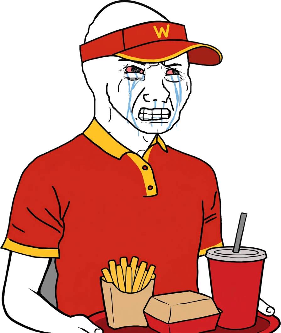 crying wojak in a red fast-food uniform holding a tray of fries