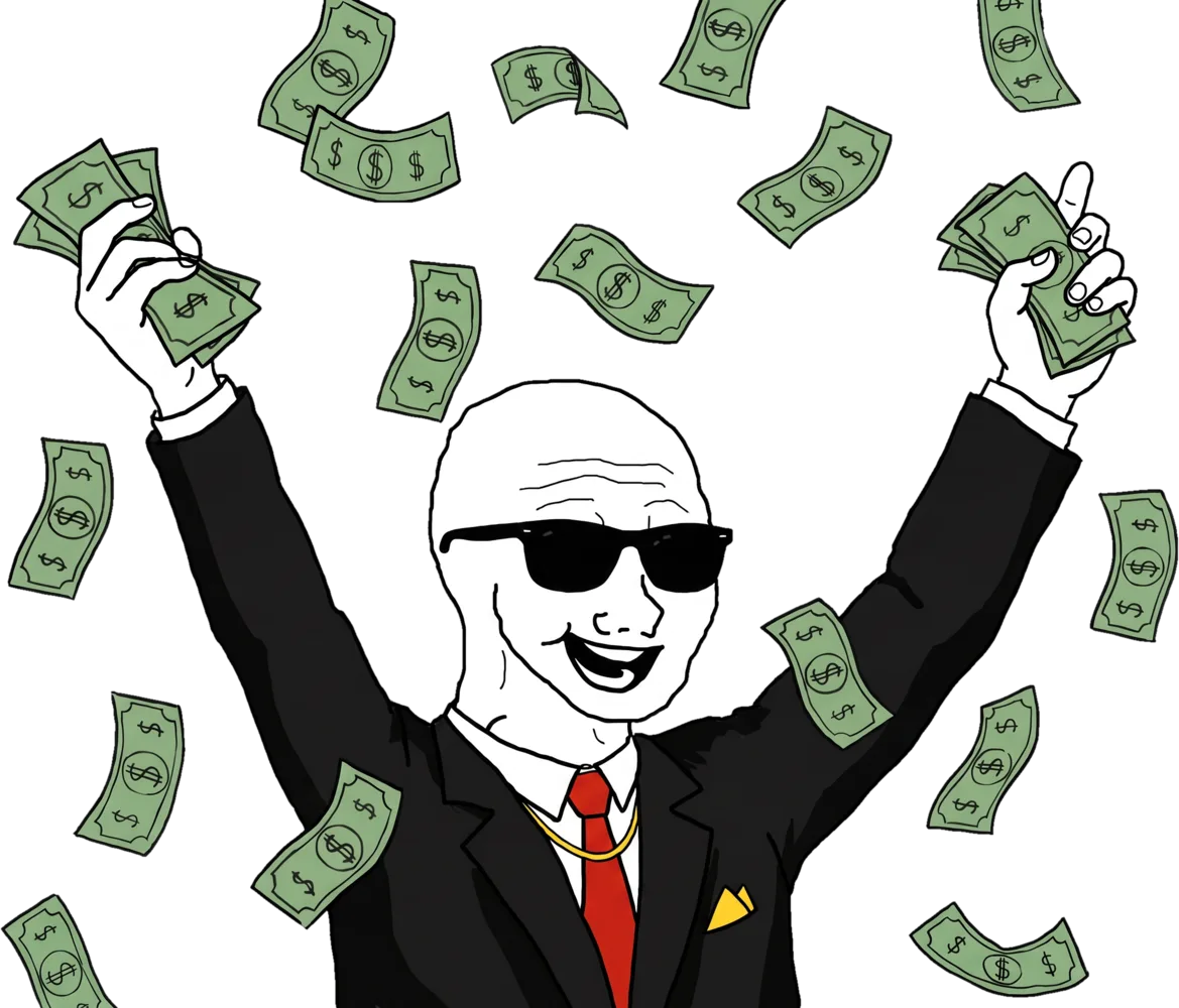 rich wojak in a suit with money raining